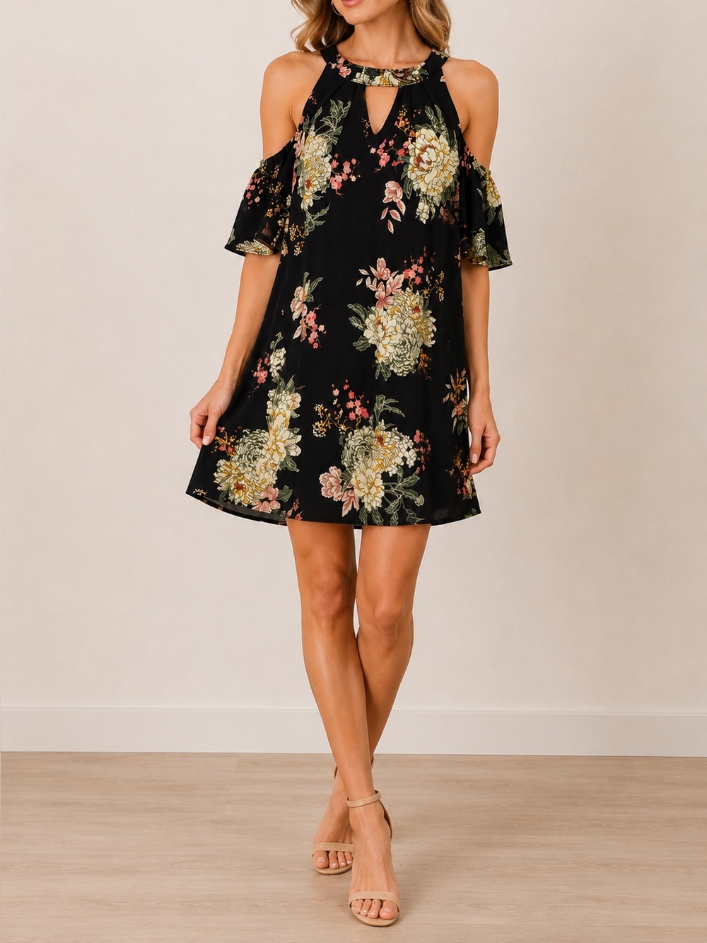 NWT✨ Francesca’s Black Floral Cold Shoulder Dress | Medium